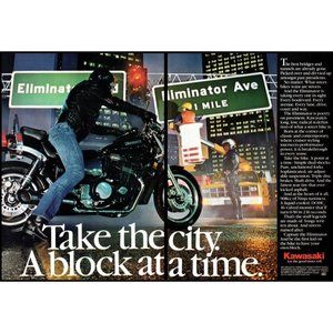 1986 Kawasaki Eliminator Cruiser Motorcycle 2 Page Vintage Print Ad Wall Art